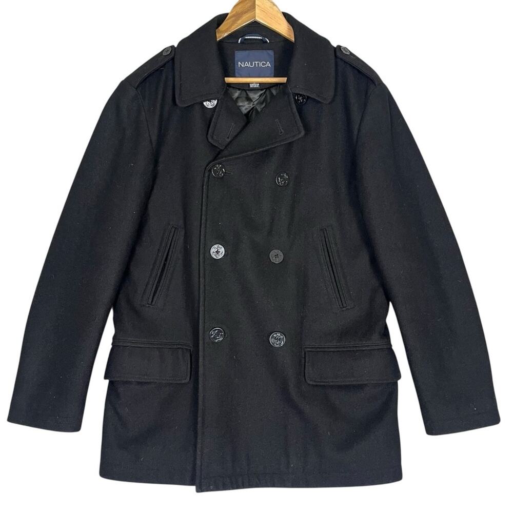 Wool Peacoat Men Medium Double Breasted Fisherman Nautical Classic Black Anchor